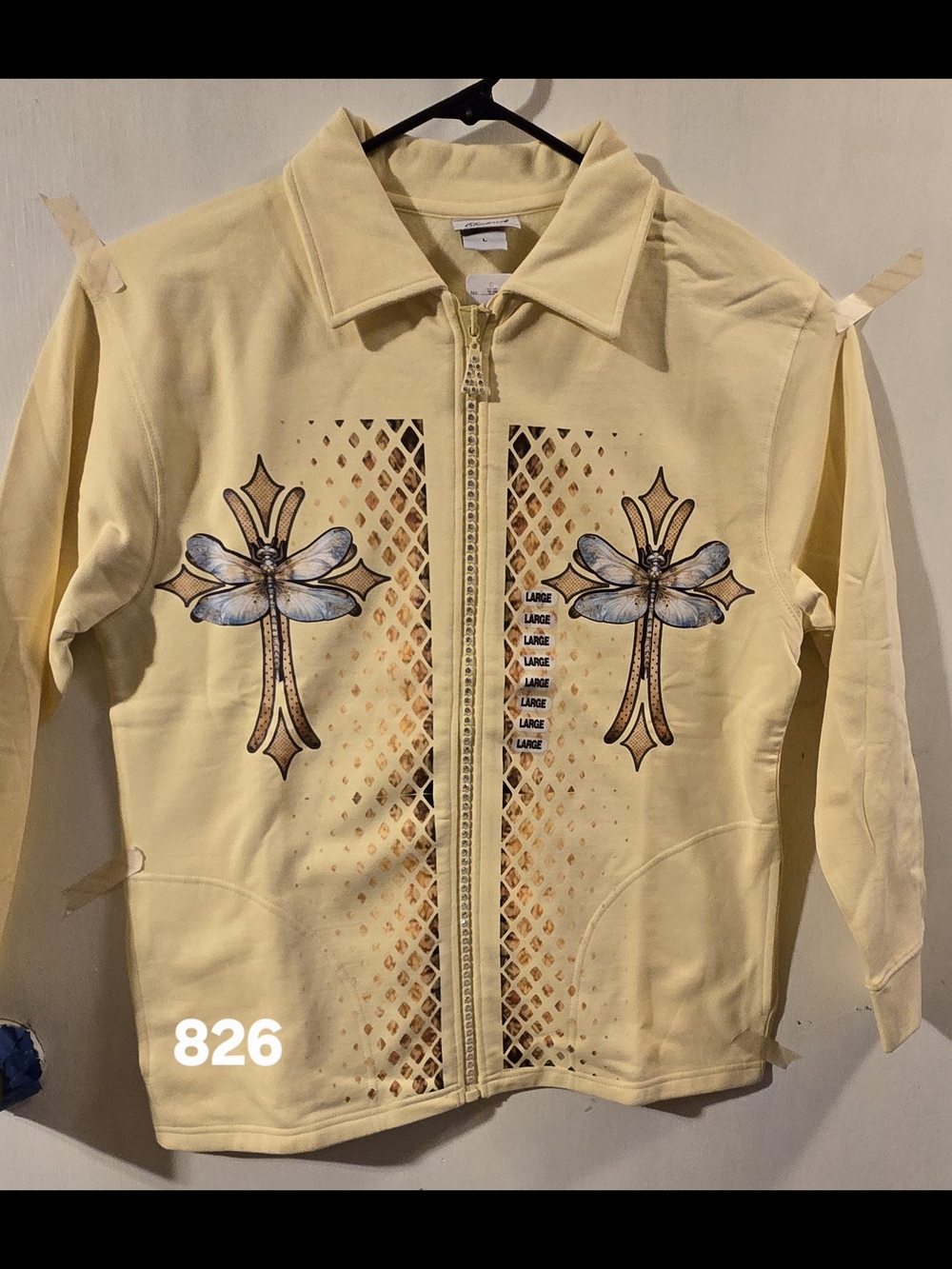 Light Yellow Floral Cross Crystal Zip Jacket & Top Set